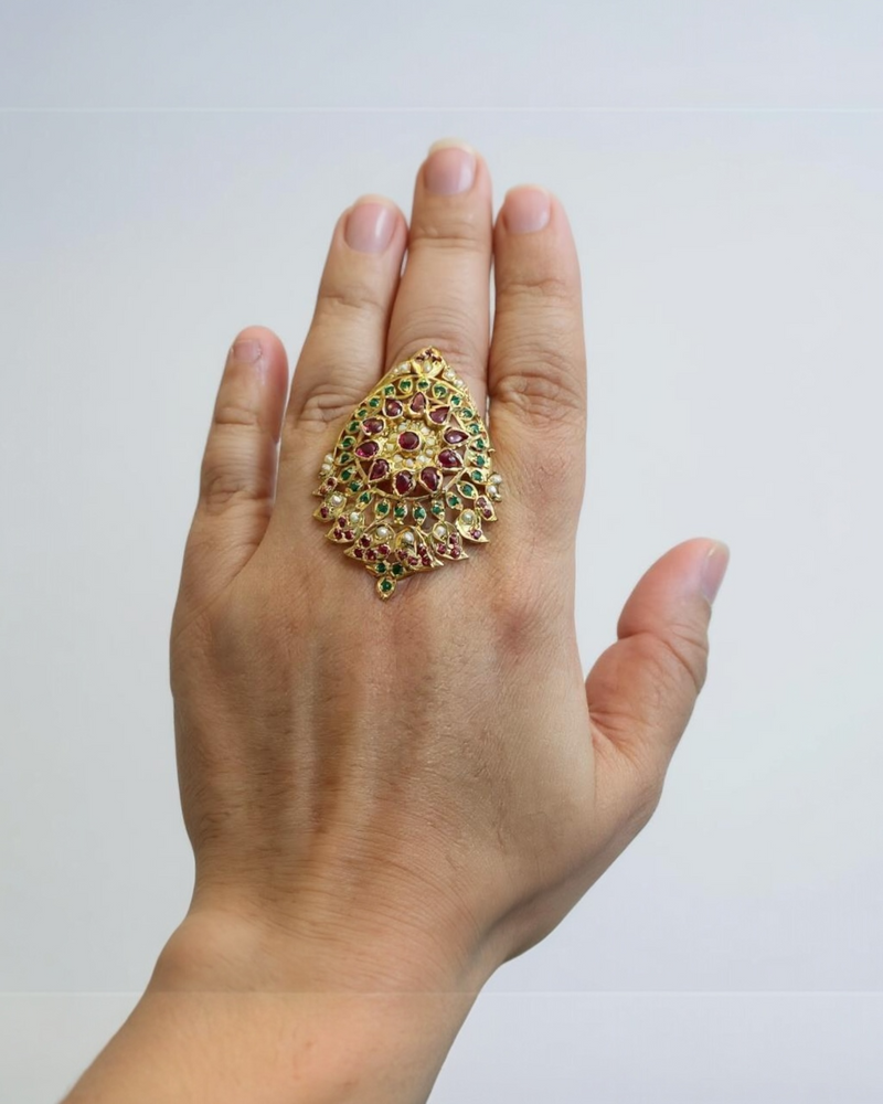 Ruby & Emerald Statement Ring – Gold-Plated Silver Brilliance ( READY TO SHIP )