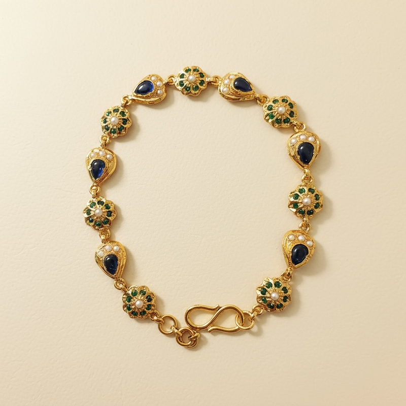 Emerald & Sapphire Gold-Plated Silver Bracelet with Freshwater Pearls ( READY TO SHIP )