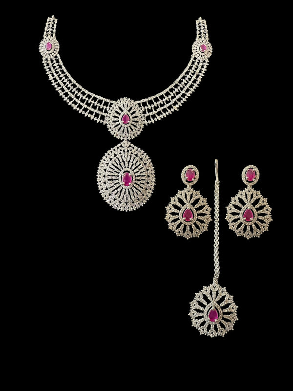 DNS172 Cz necklace set with earrings tika  silver plated - Ruby centre stone    (READY TO SHIP)