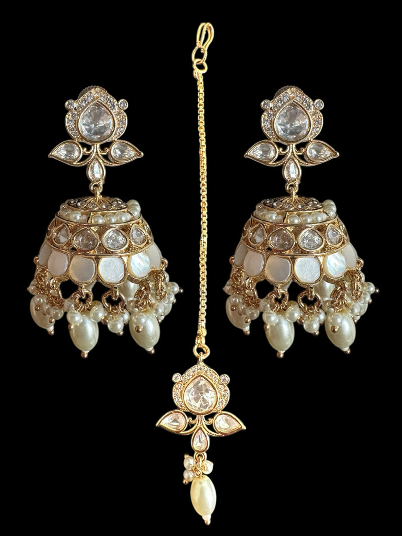 Savera Polki jhumka and tika set in mother of pearls ( READY TO SHIP )