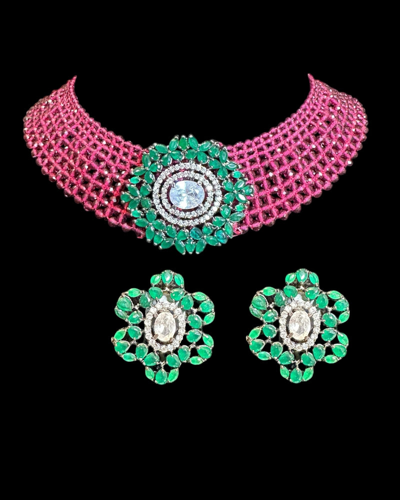 Arushi necklace set  - Red Green   ( READY TO SHIP)