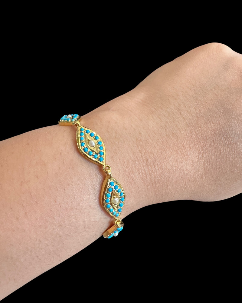 Gold Plated Silver Turquoise Bracelet with Freshwater Pearls (READY TO SHIP )