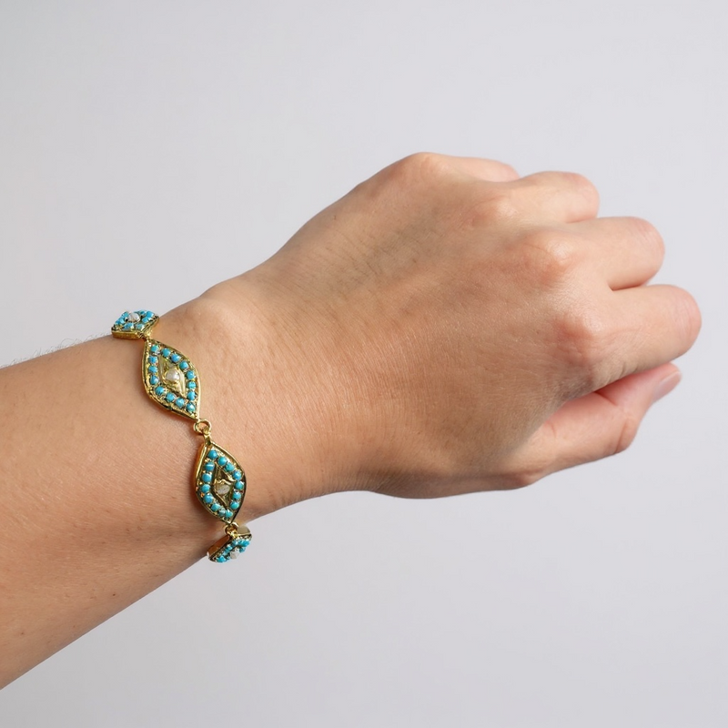 Gold Plated Silver Turquoise Bracelet with Freshwater Pearls (READY TO SHIP )