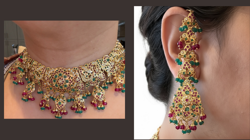 Ruby-Emerald Freshwater Pearl Bridal Necklace Set | Gold-Plated Silver Elegance ( READY TO SHIP )