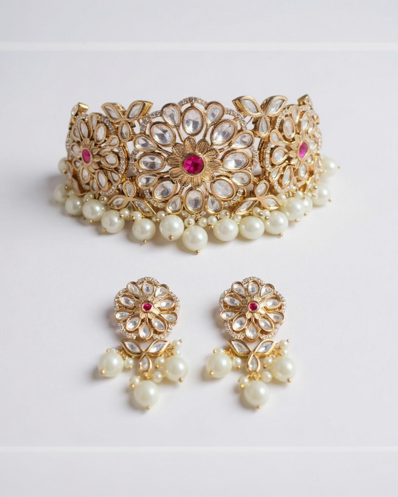 C572 Mirha Ruby and Polki choker with pearls in rose gold plating ( READY TO SHIP )