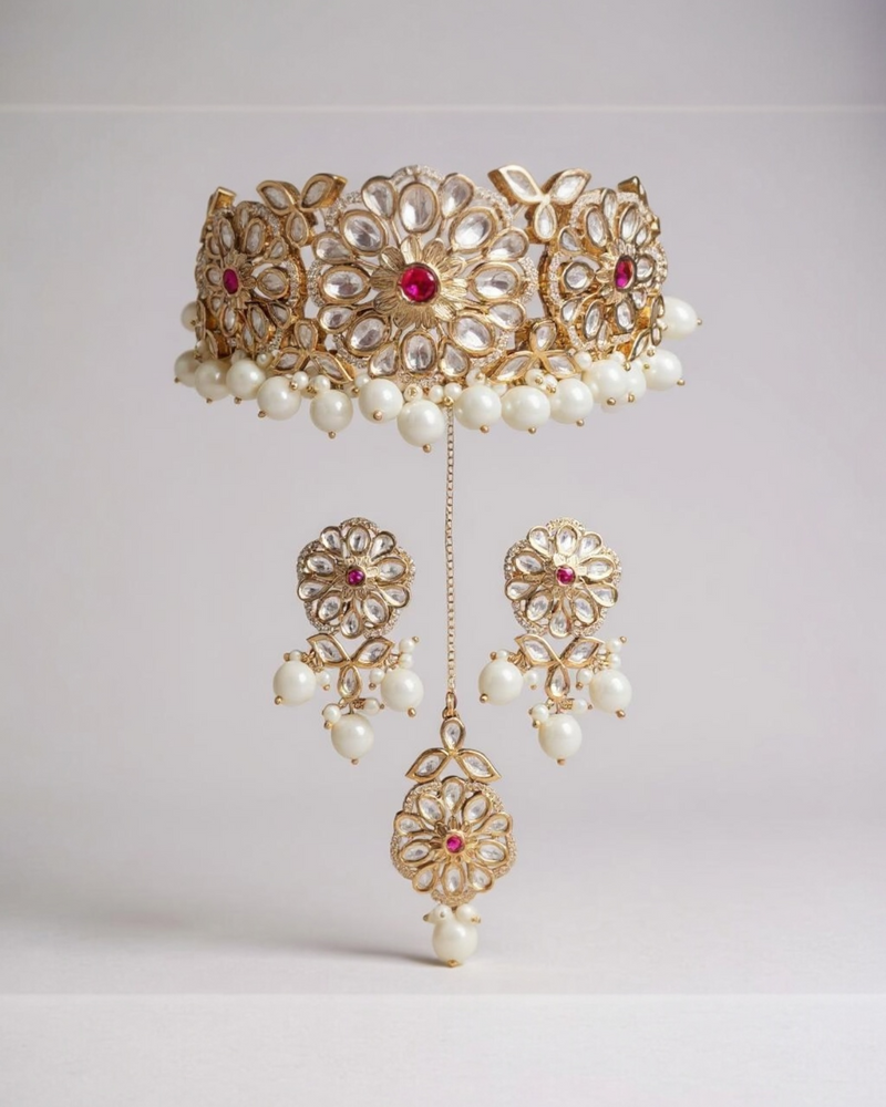 C572 Mirha Ruby and Polki choker with pearls in rose gold plating ( READY TO SHIP )