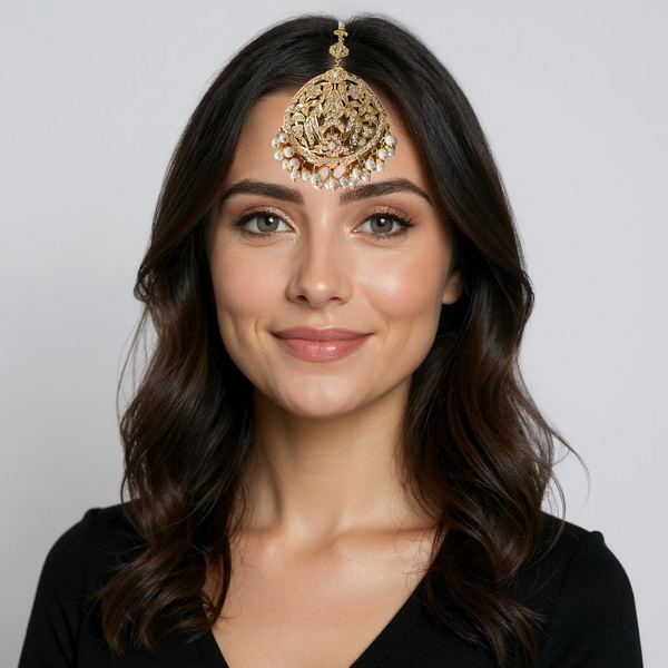 DJTK368 Samra Punjabi Tika – Gold-Plated Bridal Headpiece with Clear Zircon Stones & Pearl Hangings ( READY TO SHIP )