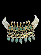 C242 Tirmani in choker style with jhumka  in fresh water pearls and emerald  (SHIPS IN 4 WEEKS  )