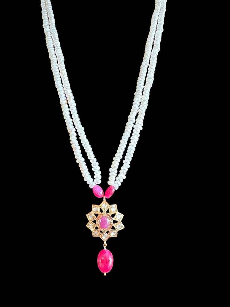 Ruby  with pearl pendant set in gold plated silver ( READY TO SHIP)