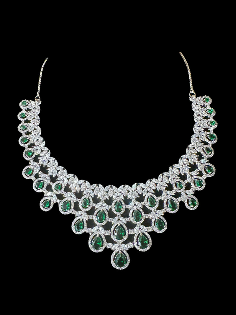 NS515 Silver plated necklace with earrings tika in green ( READY TO SHIP)