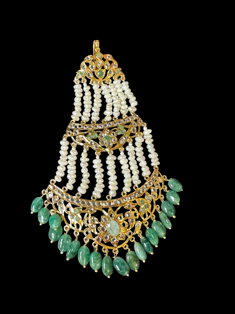 DJHR83 Hyderabadi jhoomar in fresh water pearls and emeralds ( SHIPS IN 4 WEEKS )