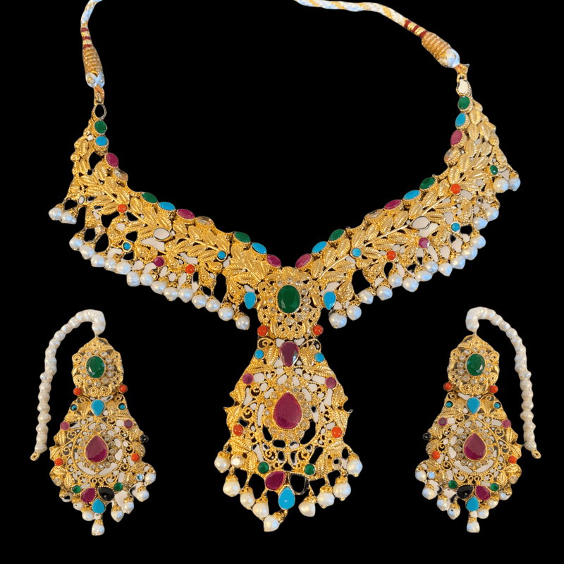 BR113 Nutan Navratan fresh water  pearl bridal set ( READY TO SHIP )