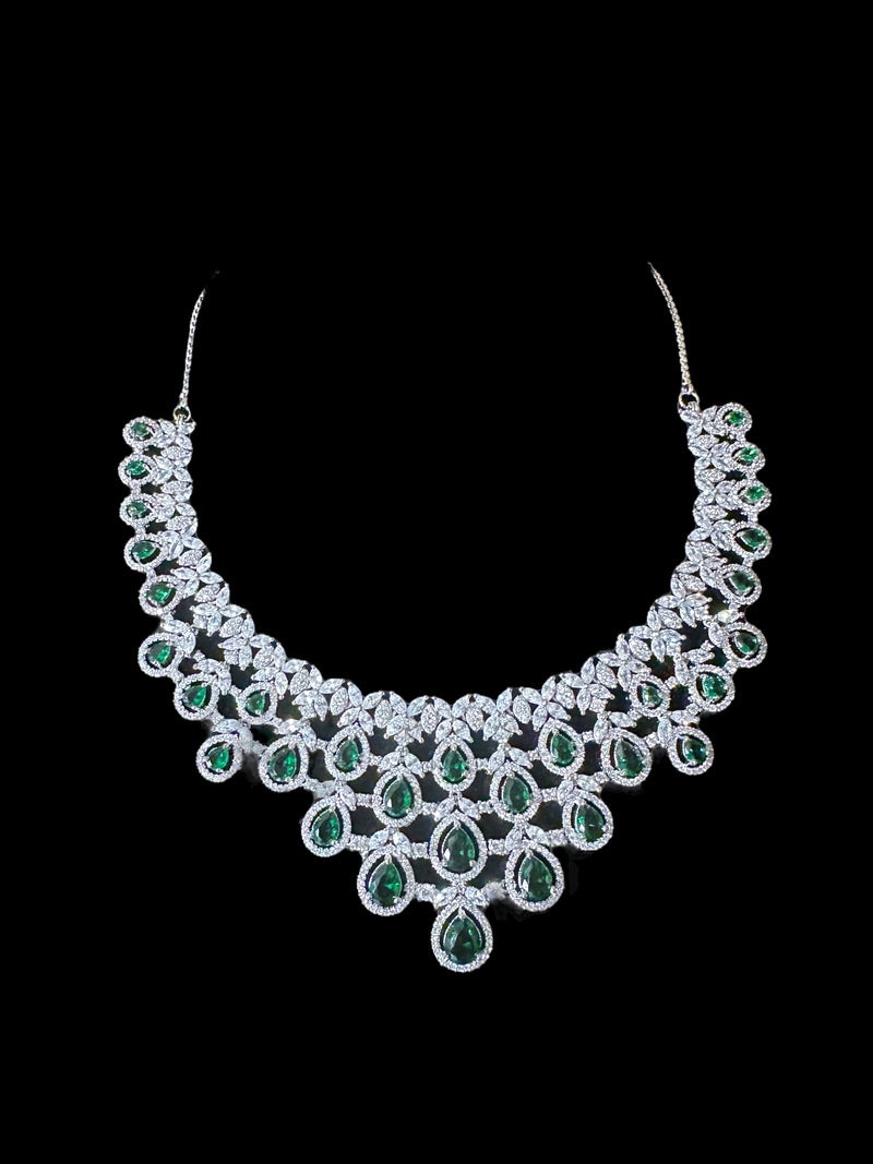 NS515 Silver plated necklace with earrings tika in green ( READY TO SHIP)