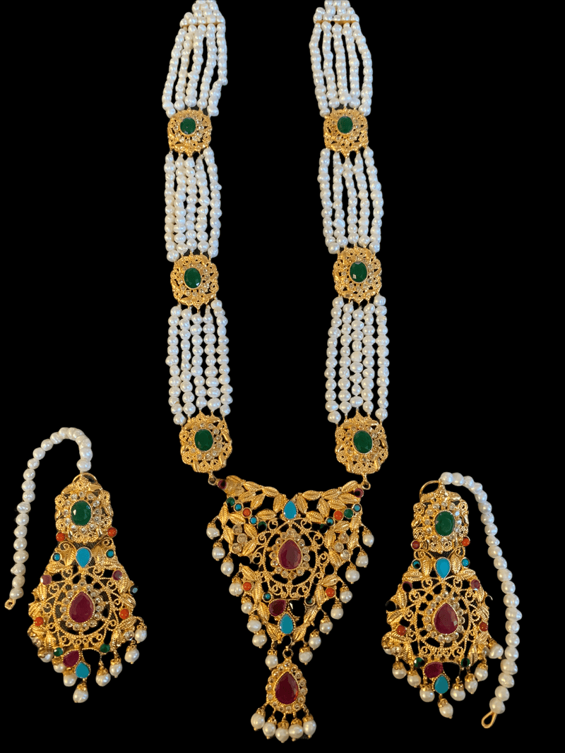 BR113 Nutan Navratan fresh water  pearl bridal set ( READY TO SHIP )