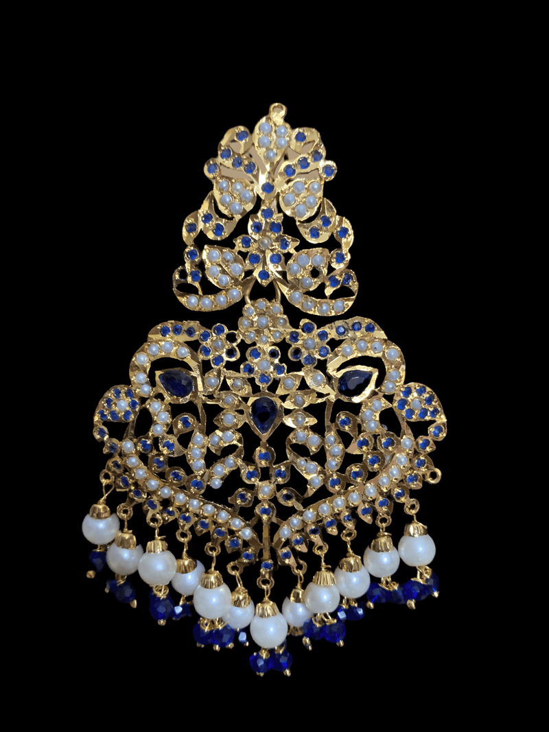 NS209  Neeli jadau pearl necklace with earrings tika in blue ( READY TO SHIP )
