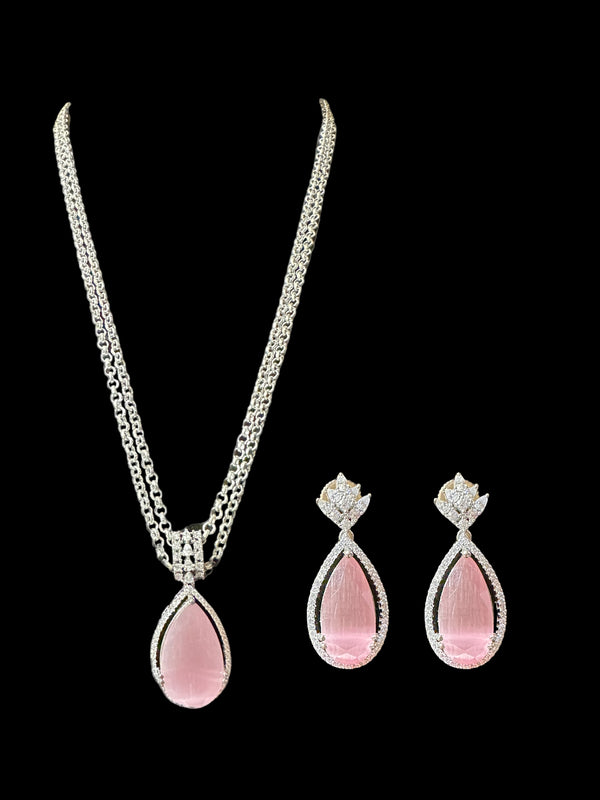 PS349  silver plated Cz pendant set- pink   (READY TO SHIP)