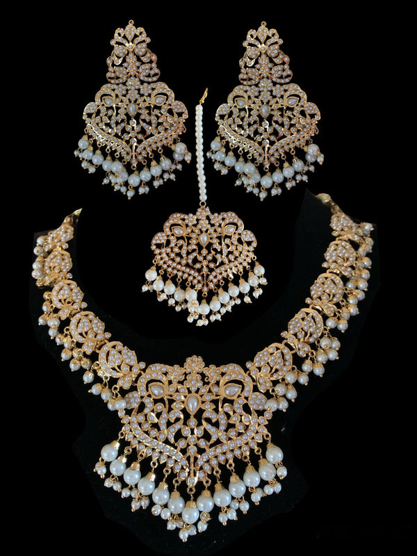 NS71  Neeli jadau pearl necklace with earrings tika (READY TO SHIP )