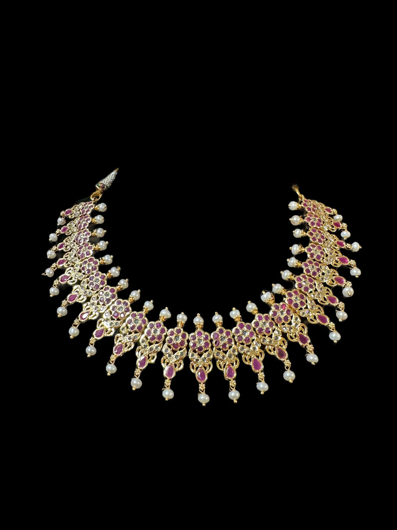 DNS33 Ruby gold plated necklace with earrings in fresh water pearls ( READY TO SHIP )