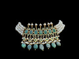 C242 Tirmani in choker style with jhumka  in fresh water pearls and emerald  (SHIPS IN 4 WEEKS  )