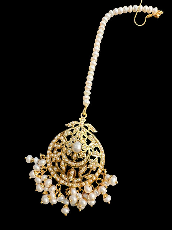 Gold plated silver tikka in fresh water pearls ( SHIPS IN 4 WEEKS  )
