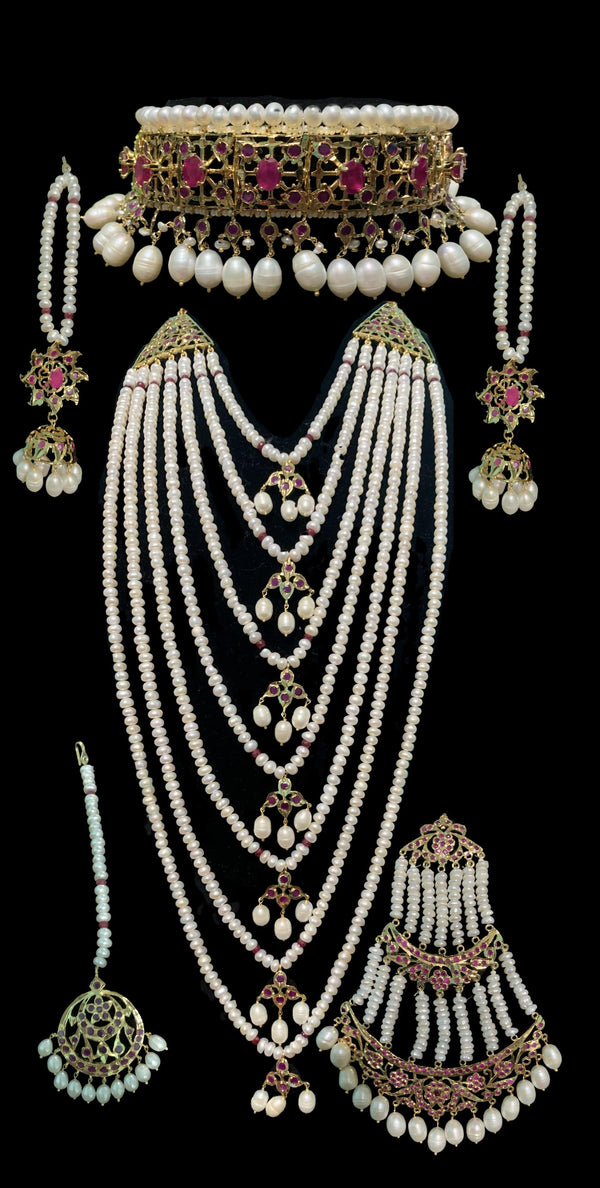 BR7 Insia bridal jadavi lacha satlada set in ruby with fresh water pearls  , READY TO SHIP