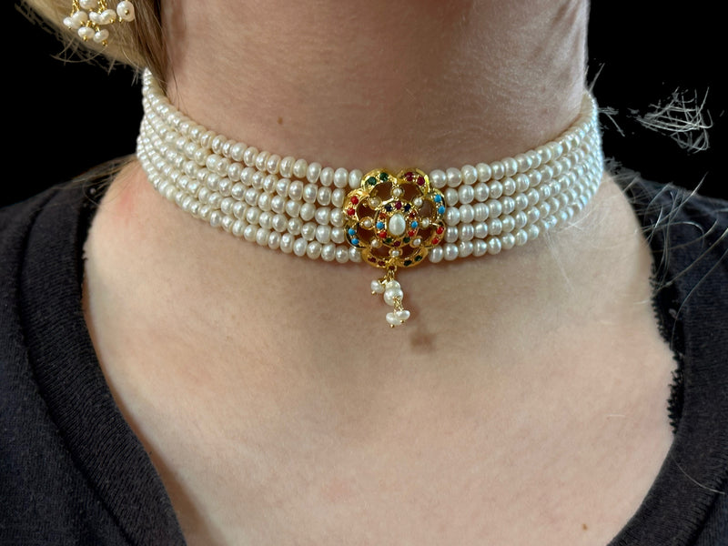 Navratan jadau choker set in fresh water pearls ( READY TO SHIP )