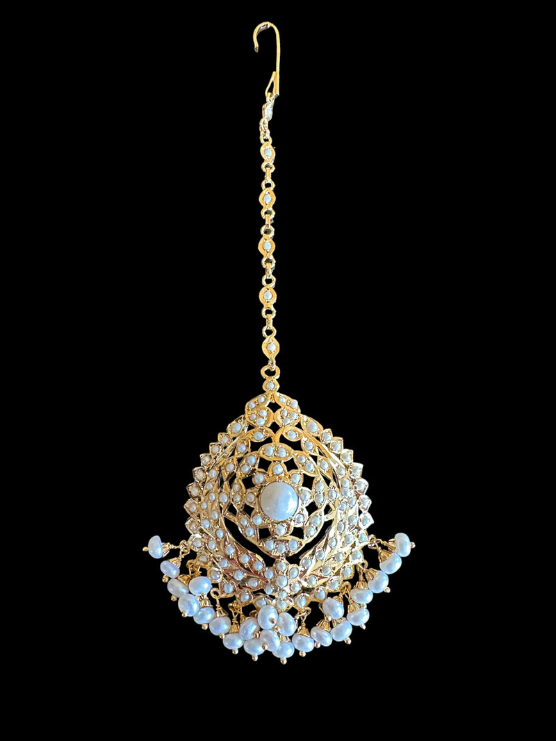 Fresh water pearl jadau tika in gold plated silver ( SHIPS IN 4 WEEKS )