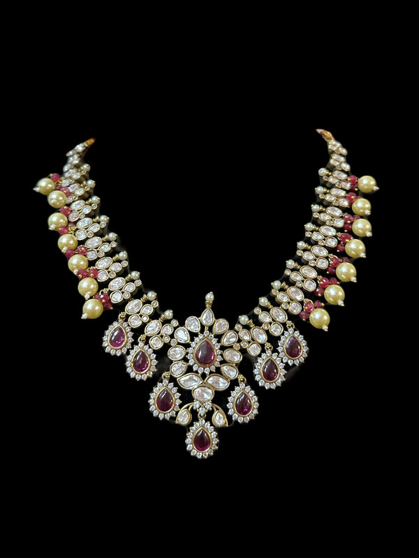 BR201 High quality Polki necklace set with tika - ruby ( READY TO SHIP )