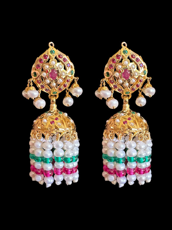 Ruby emerald with  Fresh water pearl jhumka in gold plated silver ( SHIPS IN 4 WEEKS  )