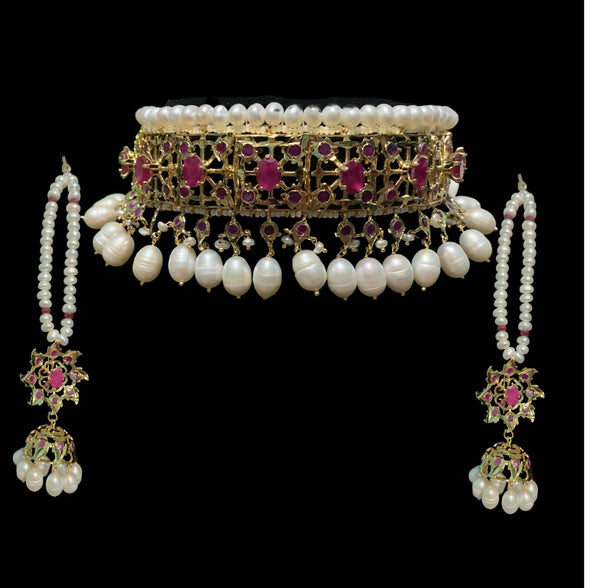 BR7 Insia bridal jadavi lacha satlada set in ruby with fresh water pearls  , READY TO SHIP