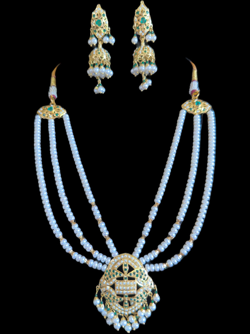 Emerald pearl short jadau necklace with jhumka earrings in gold plated silver ( READY TO SHIP)