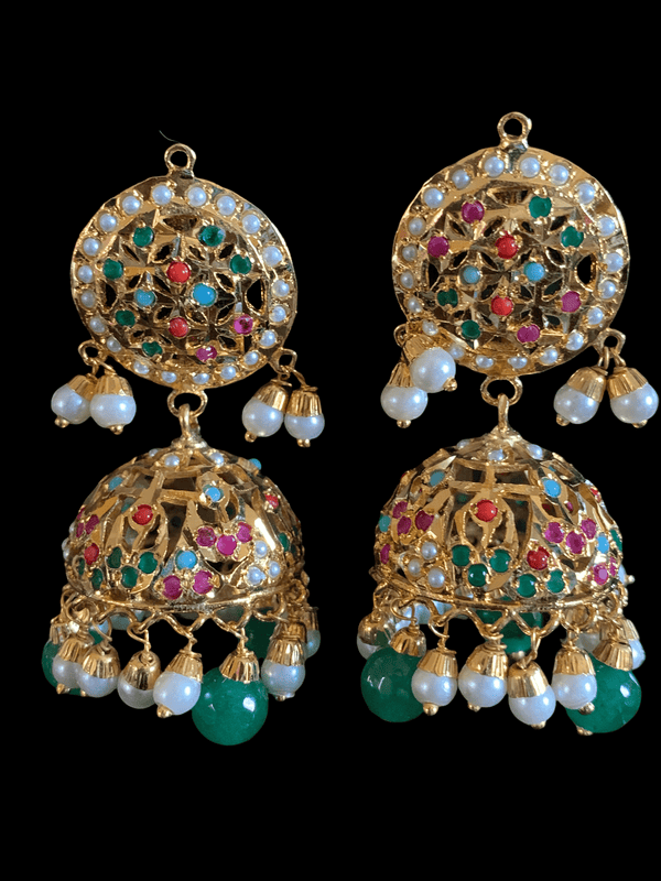 DER525 Arya Punjabi Jadau jhumka in navratan   ( READY TO SHIP)