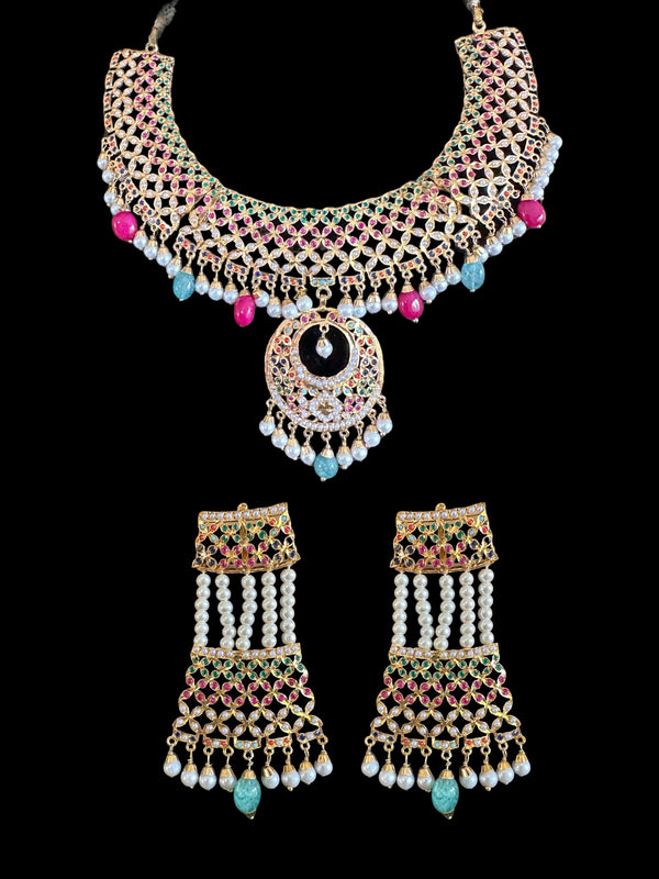 NS517 multicolor jadau  necklace with earrings tika ( READY TO SHIP )