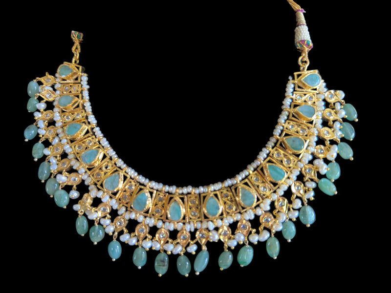 RAKIBA gold plated silver necklace set in emerald  with fresh water pearls ( READY TO SHIP )