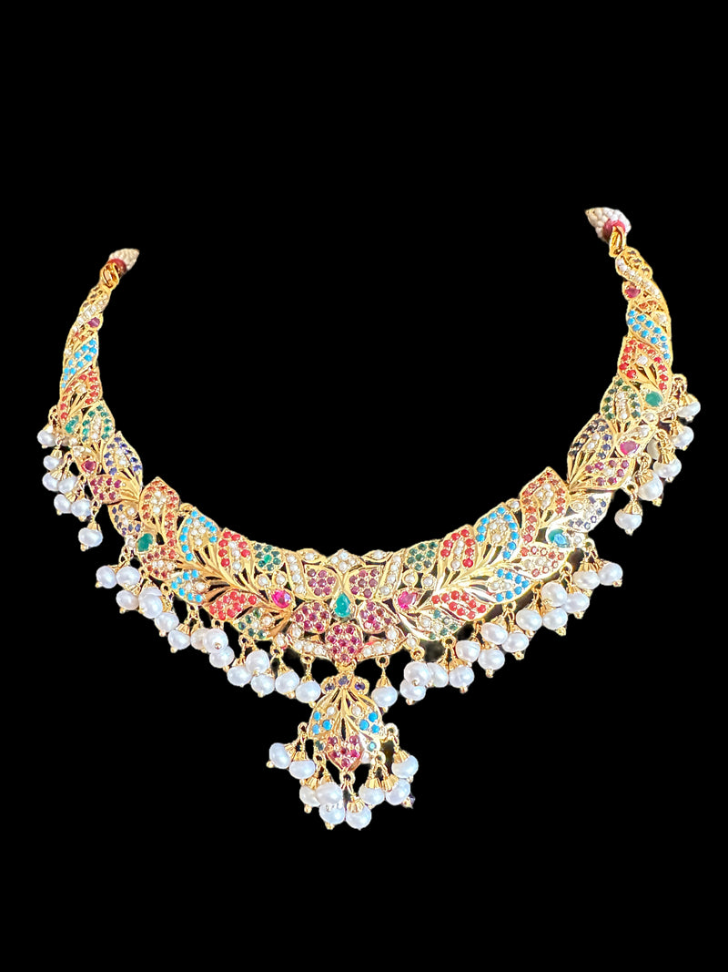 Navratan necklace  set with fresh water pearls in gold plated silver