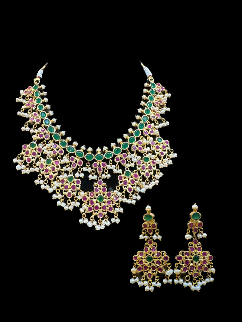 DNS16 zyva Ruby emerald necklace with earrings - fresh water pearls ( READY TO SHIP )