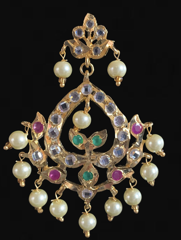 DER603 Dina hyderabadi Ruby emerald Chandbali with golden pearls ( READY TO SHIP)