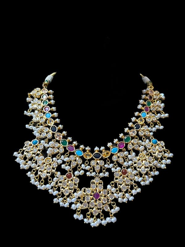 DNS29 Navratan   necklace with earrings - fresh water pearls ( READY TO SHIP )