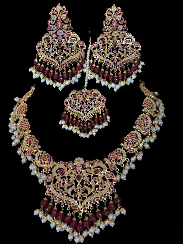 NS208 Neeli jadau pearl necklace with earrings tika in ruby( SHIPS IN 3 WEEKS  )