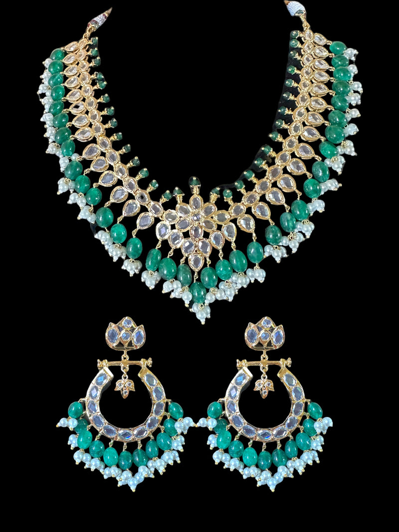 NS519 AMIRA hyderabadi necklace with earrings - emerald  ( READY TO SHIP)