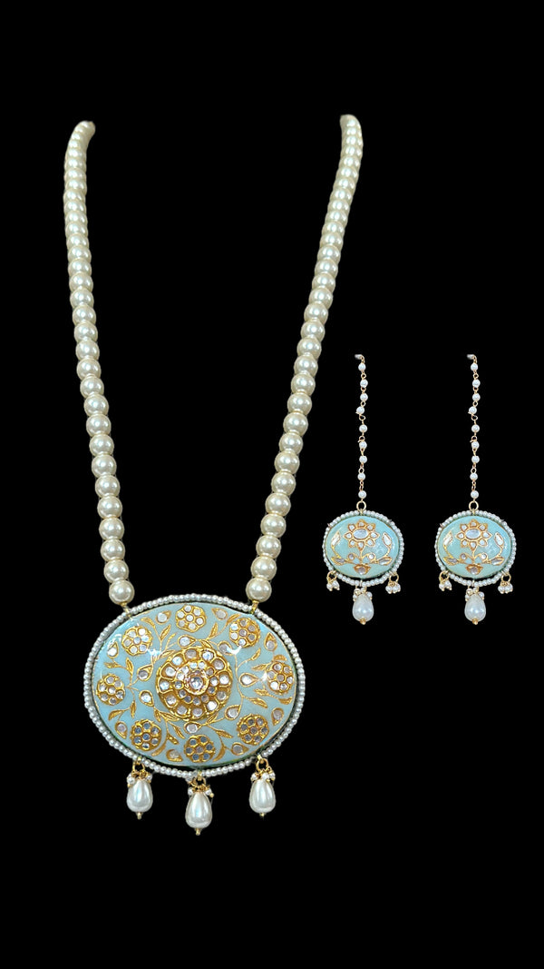 PS344 Suman kundan meenakari pendant set- turquoise blue  ( READY TO SHIP)