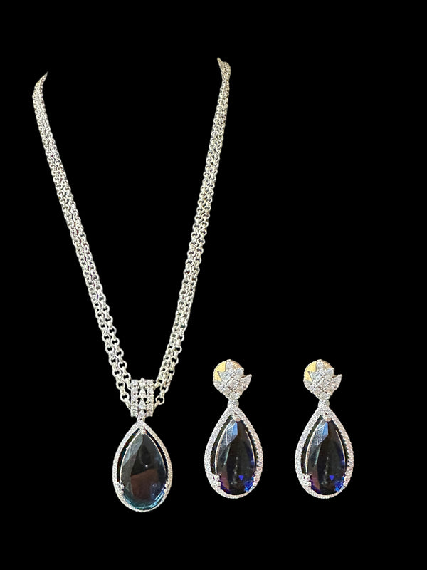 PS350 silver plated Cz pendant set- blue    (READY TO SHIP)