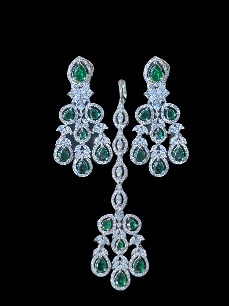 NS515 Silver plated necklace with earrings tika in green ( READY TO SHIP)