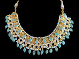 RAKIBA gold plated silver necklace set in emerald  with fresh water pearls ( READY TO SHIP )
