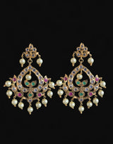 DER603 Dina hyderabadi Ruby emerald Chandbali with golden pearls ( READY TO SHIP)