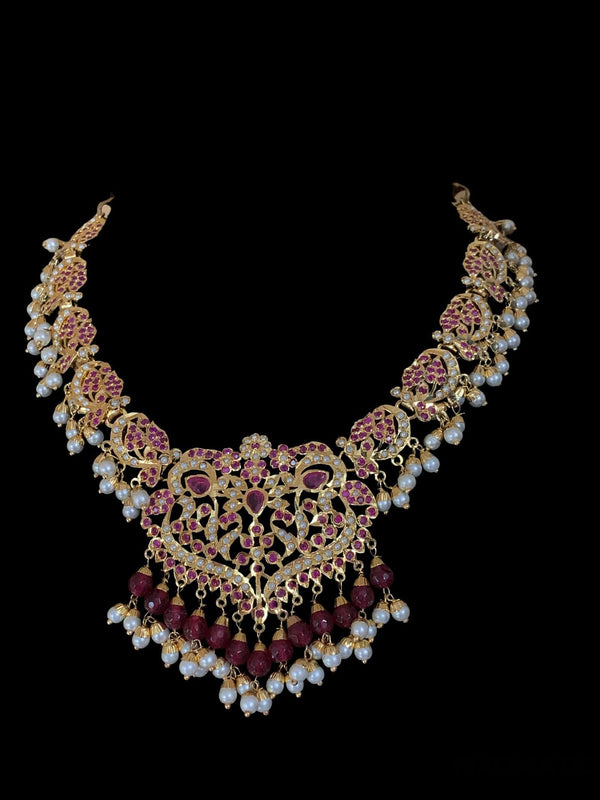 NS208 Neeli jadau pearl necklace with earrings tika in ruby( SHIPS IN 3 WEEKS  )