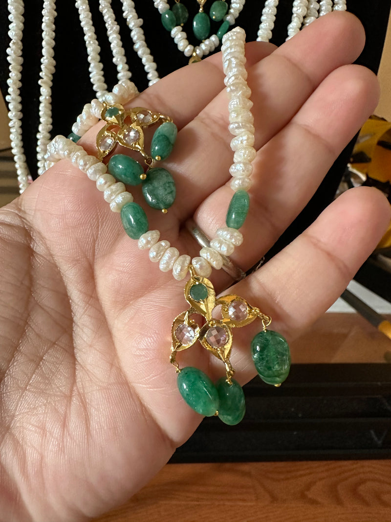 SAT81 Hyderabadi satlada in emerald beads and fresh water pearls (READY TO SHIP )