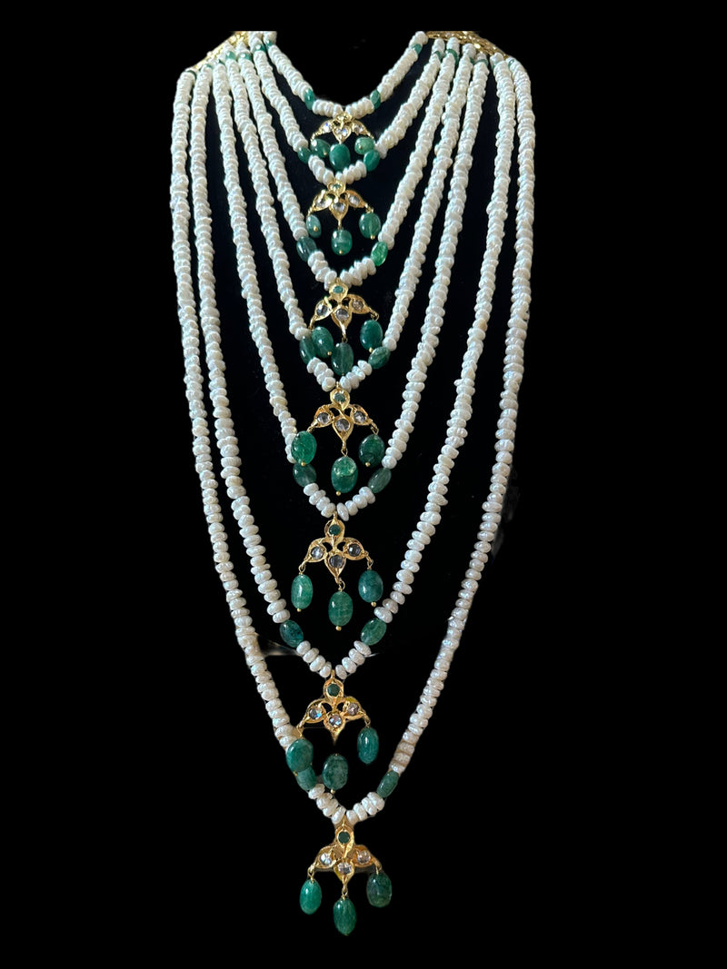 SAT81 Hyderabadi satlada in emerald beads and fresh water pearls (READY TO SHIP )