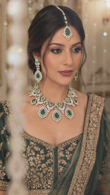 BR602 Mehar Traditional Green CZ Bridal Jewelry Set – Gold-Plated Necklace, Earrings, Tika & Ring ( READY TO SHIP )