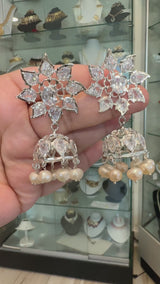 DER607 ✨ Evelyn Silver-Plated Karanphool Jhumka – With Pearls & High-Quality Zircon  ( Ready to Ship )